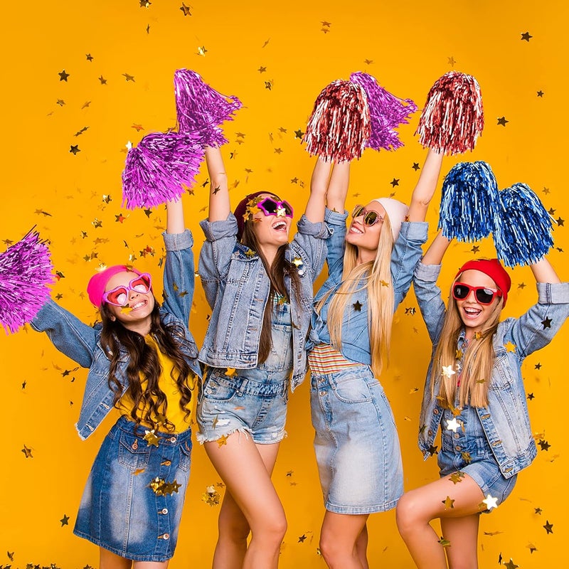 DILIBRA 24 Pcs Metallic Cheerleading Pom Poms for Kids, Cheerleaders Cheer Pom Poms with Baton Handle, Cheering Squad Hand Flower for Adults Team Spirit Sports Game Dancing Party - Image 2